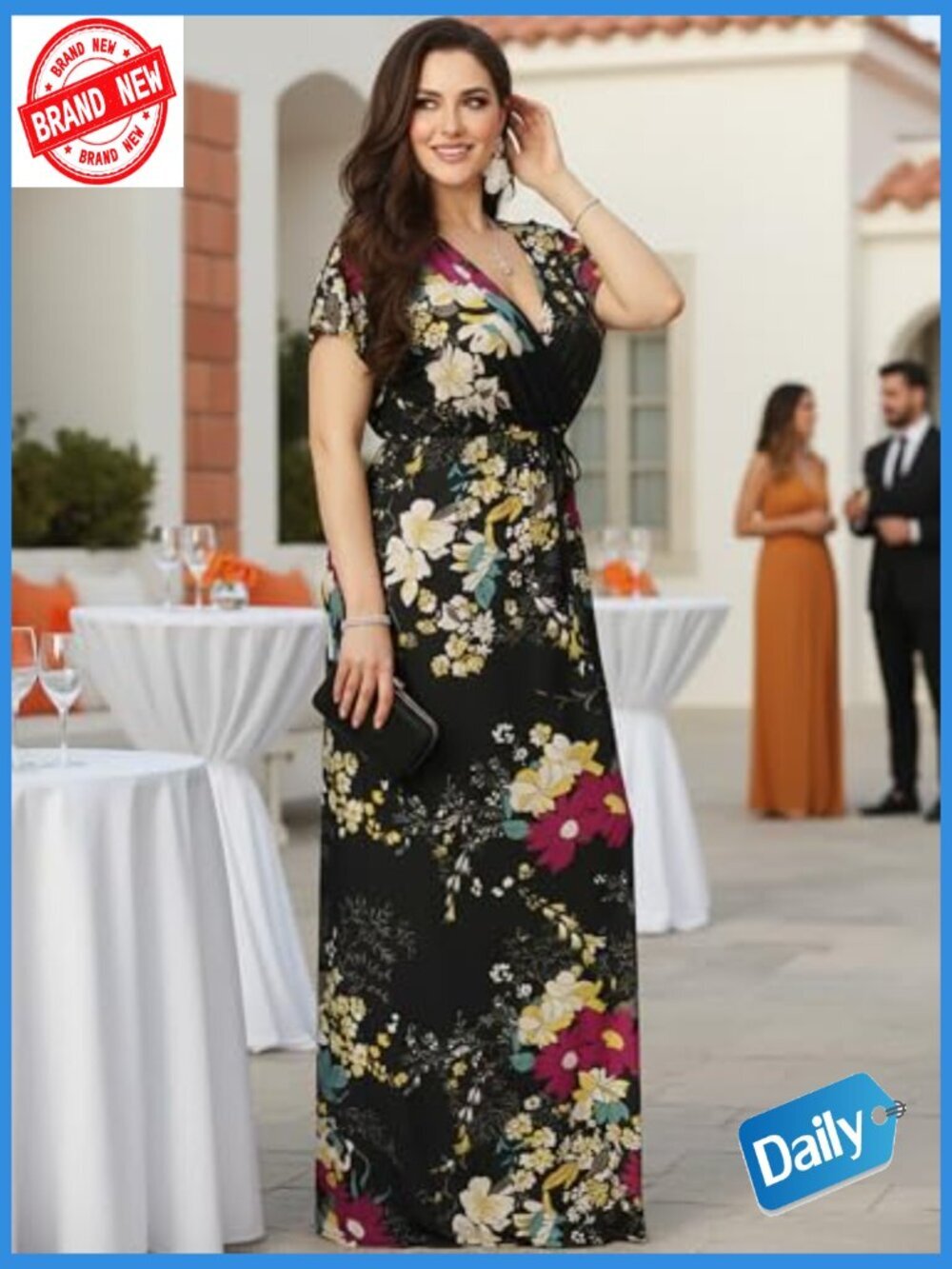 Floral Maxi Dress Kimono Sleeve V-Neck Flowy A-Line Long Dress Summer Wedding - Picture 2 of 7